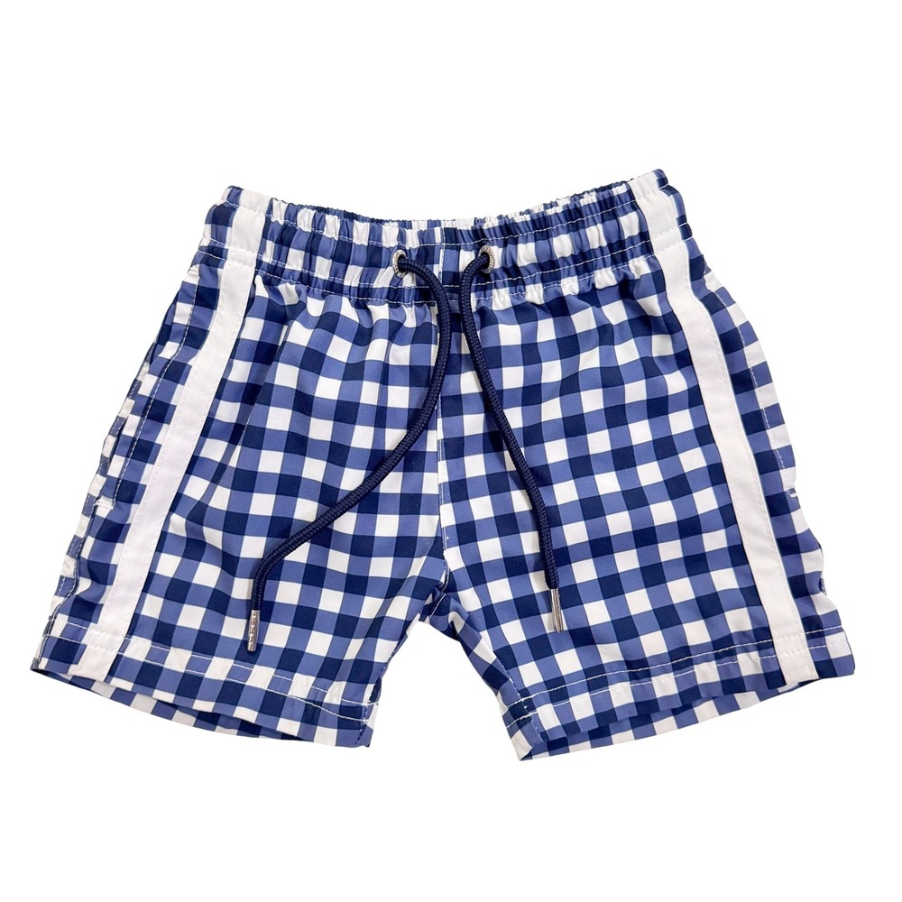 SwimZip Swim Trunks 2T Blue Gingham Check Lined Side Stripe Shorts